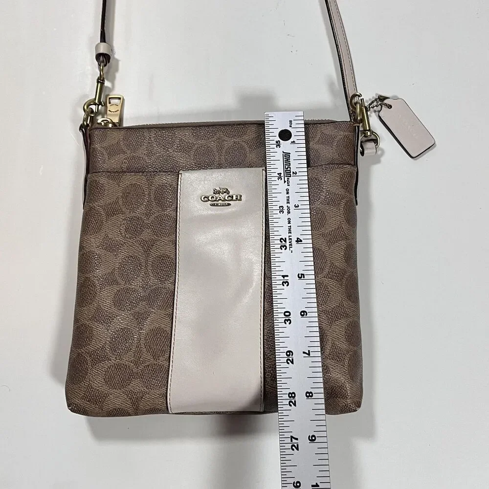 Coach Signature Stripe Crossbody Bag Womens Small Brown Cream Leather Purse
